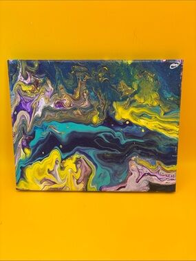 Abstract Fluid Art Canvas in Blue, Yellow, Purple